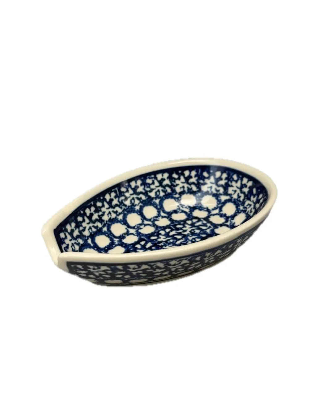 Made in Portugal Navy Blue Floral Dot Polish Pottery Spoon Rest Dish Countertop